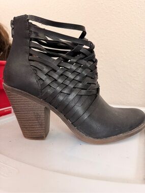 Fergalicious Black Woven Strap Block Heel Bootie